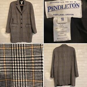 Pendleton $268 Women’s 16 Blk Ivory Tan Houndstooth 100% Wool Coat Jacket EUC